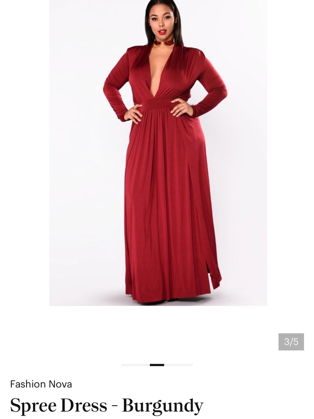 Fashion Nova Burgundy Long Sleeve Plunge Maxi Dress